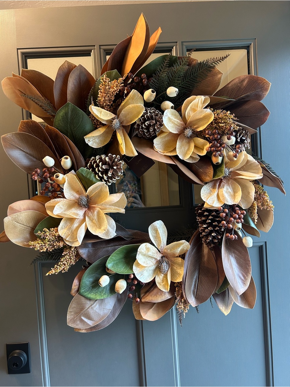 Fall Autumn Magnolia and Pinecone Faux Floral Wreath By House & Garden